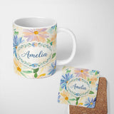 Personalized Custom Name Watercolor Blue Floral Botanical Seamless Pattern on Cream Lovely 11oz Ceramic Coffee Tea Mug White Large Handle
