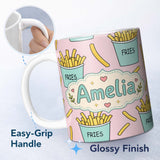 Personalized Custom Name Cute French Fries Cartoon Snack Seamless Pattern Teal Cups Pink 11oz Ceramic Coffee Tea Mug White Large Handle