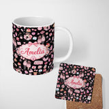 Personalized Custom Name Cute Love Couple Gifts Cakes Teddy Bear Seamless Pattern Black 11oz Ceramic Coffee Tea Mug White Large Handle