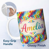 Personalized Custom Name Horizontal Rainbow Ripple Wave Lines Seamless Pattern Lovely 11oz Ceramic Coffee Tea Mug White Large Handle