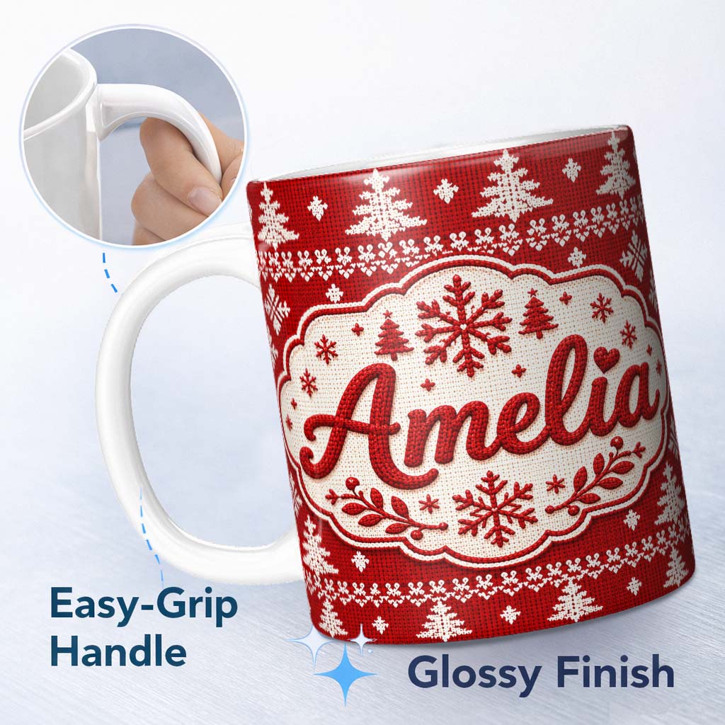 Personalized Custom Name Knitted Nordic Snowflake Christmas Tree Red Seamless Pattern Lovely 11oz Ceramic Coffee Tea Mug White Large Handle