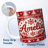 Personalized Custom Name Knitted Nordic Snowflake Christmas Tree Red Seamless Pattern Lovely 11oz Ceramic Coffee Tea Mug White Large Handle