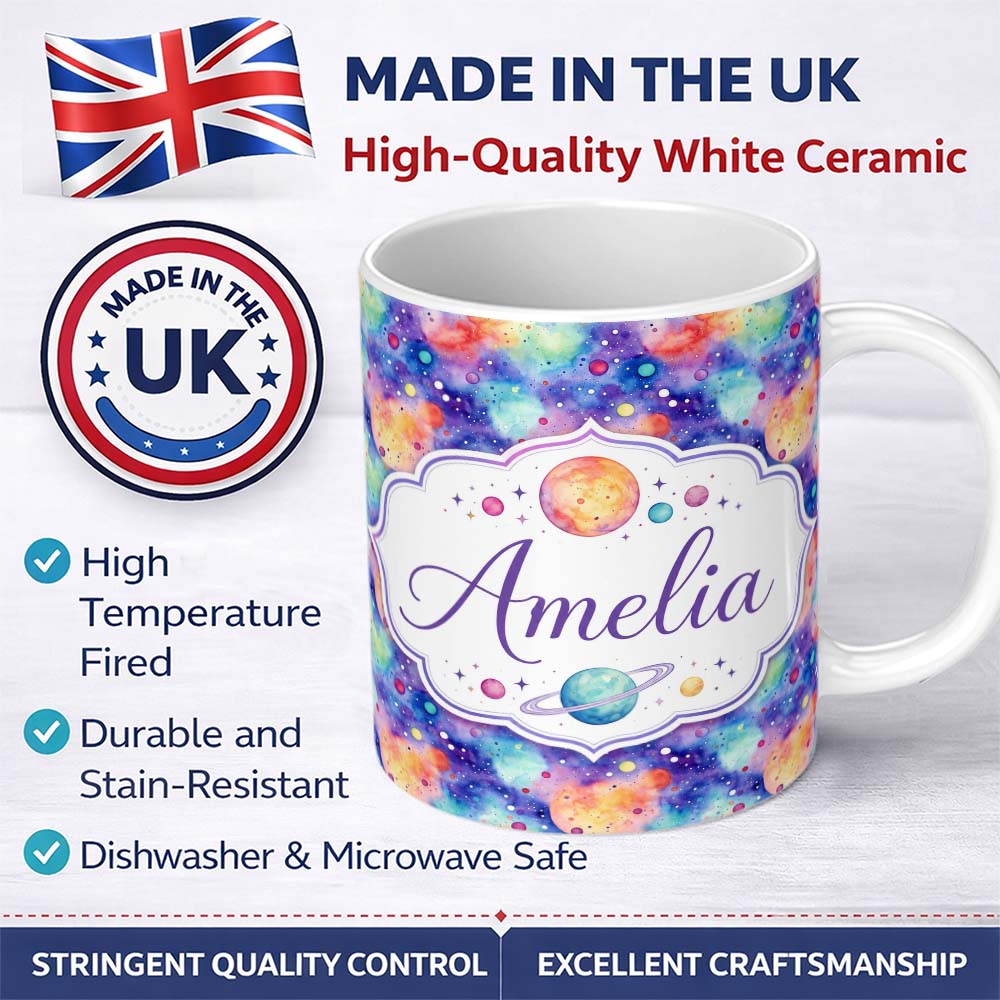 Personalized Custom Name Pastel Watercolor Galaxy Space Clouds Seamless Pattern Soft Cosmic 11oz Ceramic Coffee Tea Mug White Large Handle