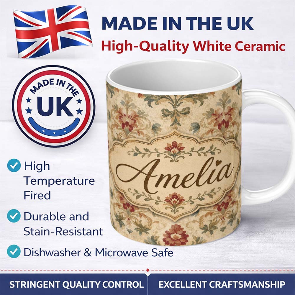 Personalized Custom Name Vintage Damask Floral Motif Soft Neutral Background Seamless Pattern 11oz Ceramic Coffee Tea Mug White Large Handle