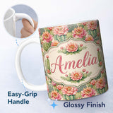 Personalized Custom Name Soft Vintage Cactus Flower Garden Botanical Seamless Pattern Design 11oz Ceramic Coffee Tea Mug White Large Handle