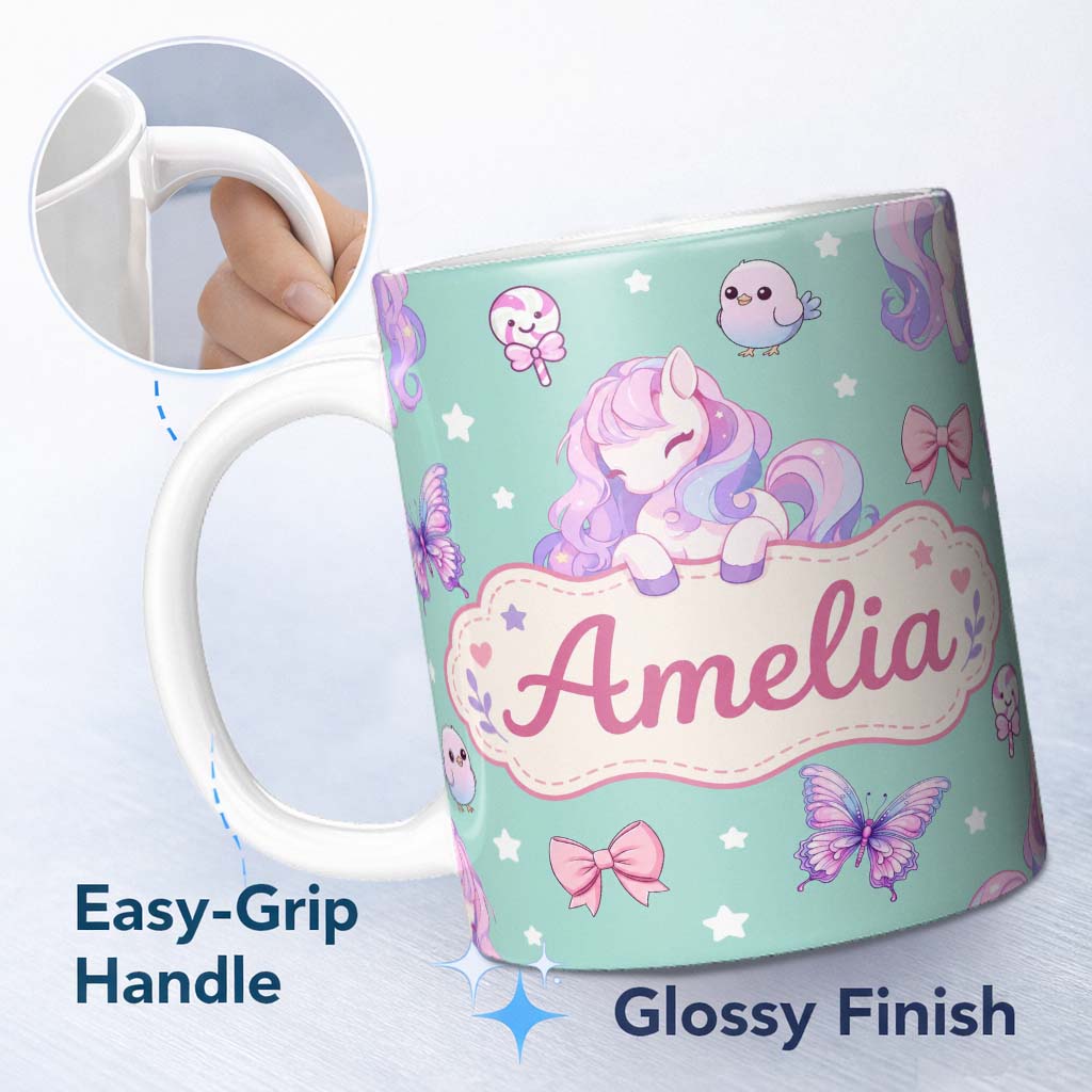 Personalized Custom Name Cute Pastel Unicorn Butterfly Candy Stars Mint Background Seamless 11oz Ceramic Coffee Tea Mug White Large Handle