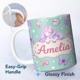 Personalized Custom Name Cute Pastel Unicorn Butterfly Candy Stars Mint Background Seamless 11oz Ceramic Coffee Tea Mug White Large Handle
