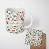 Personalized Custom Name Watercolor Pine Branch Gift Box Holly Berry Christmas Seamless 11oz Ceramic Coffee Tea Mug White Large Handle