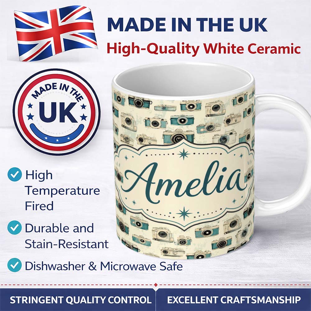 Personalized Custom Name Soft Blue Vintage Camera Tossed Seamless Pattern on Light Background 11oz Ceramic Coffee Tea Mug White Large Handle