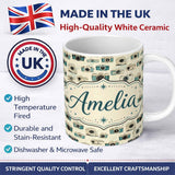 Personalized Custom Name Soft Blue Vintage Camera Tossed Seamless Pattern on Light Background 11oz Ceramic Coffee Tea Mug White Large Handle