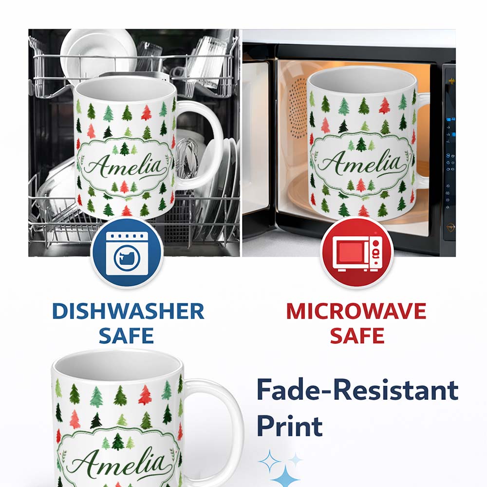 Personalized Custom Name Watercolor Christmas Tree Pattern Green and Red Festive Seamless 11oz Ceramic Coffee Tea Mug White Large Handle