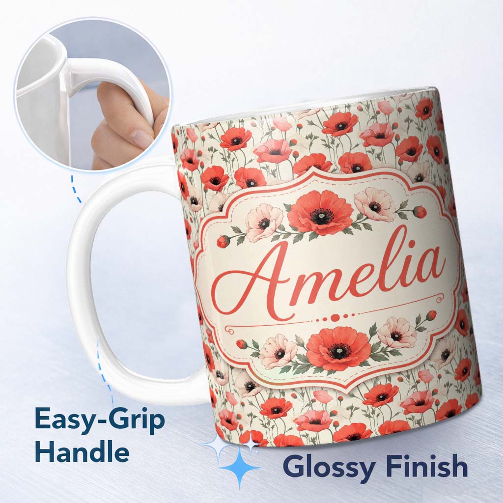 Personalized Custom Name Soft Red and Cream Poppy Meadow Seamless Pattern Cute Unique Gift 11oz Ceramic Coffee Tea Mug White Large Handle