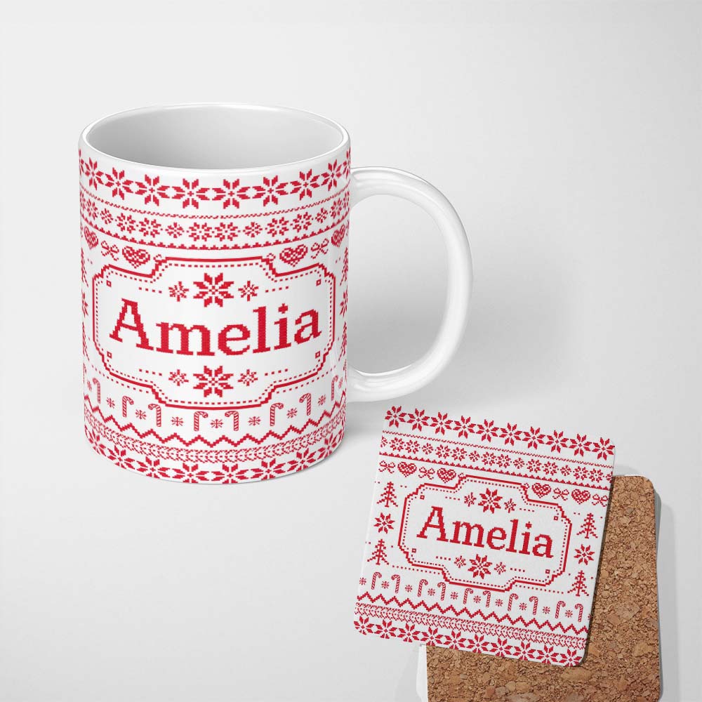 Personalized Custom Name Scandinavian Red Nordic Knit Snowflake  Seamless Pattern 11oz Ceramic Coffee Tea Mug White Large Handle