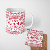 Personalized Custom Name Scandinavian Red Nordic Knit Snowflake  Seamless Pattern 11oz Ceramic Coffee Tea Mug White Large Handle