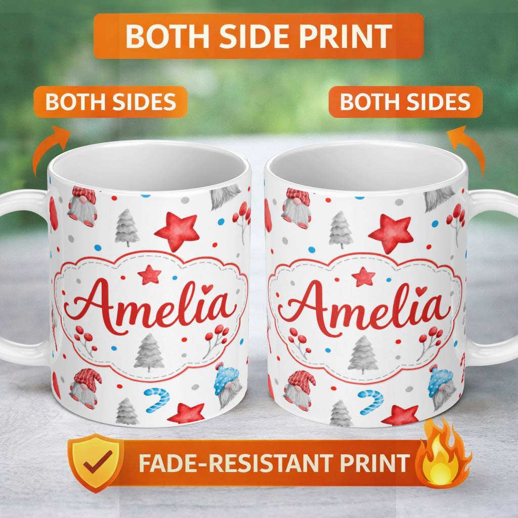 Personalized Custom Name Cute Christmas Gnome Candy Cane Gifts Seamless Pattern Lovely 11oz Ceramic Coffee Tea Mug White Large Handle