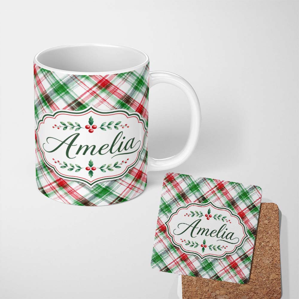 Personalized Custom Name Watercolor Red Green Christmas Tartan Plaid Festive Seamless Pattern 11oz Ceramic Coffee Tea Mug White Large Handle