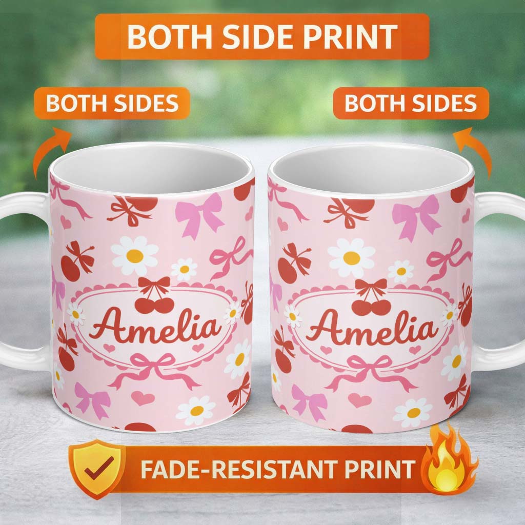Personalized Custom Name Cute Cherry Bow Daisy Heart Seamless Pattern on Bright Pink Lovely 11oz Ceramic Coffee Tea Mug White Large Handle