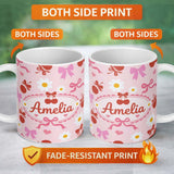 Personalized Custom Name Cute Cherry Bow Daisy Heart Seamless Pattern on Bright Pink Lovely 11oz Ceramic Coffee Tea Mug White Large Handle
