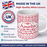 Personalized Custom Name Scandinavian Red Nordic Knit Snowflake Pattern Seamless Pattern 11oz Ceramic Coffee Tea Mug White Large Handle
