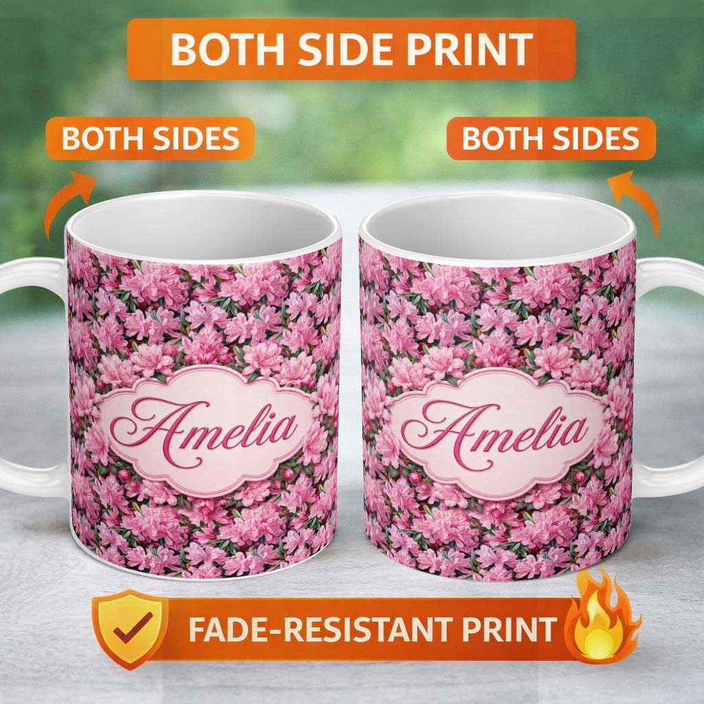 Personalized Custom Name Bright Pink Floral Bloom Dense Botanical Seamless Pattern Lovely 11oz Ceramic Coffee Tea Mug White Large Handle