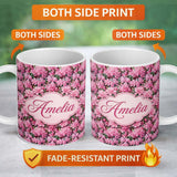 Personalized Custom Name Bright Pink Floral Bloom Dense Botanical Seamless Pattern Lovely 11oz Ceramic Coffee Tea Mug White Large Handle