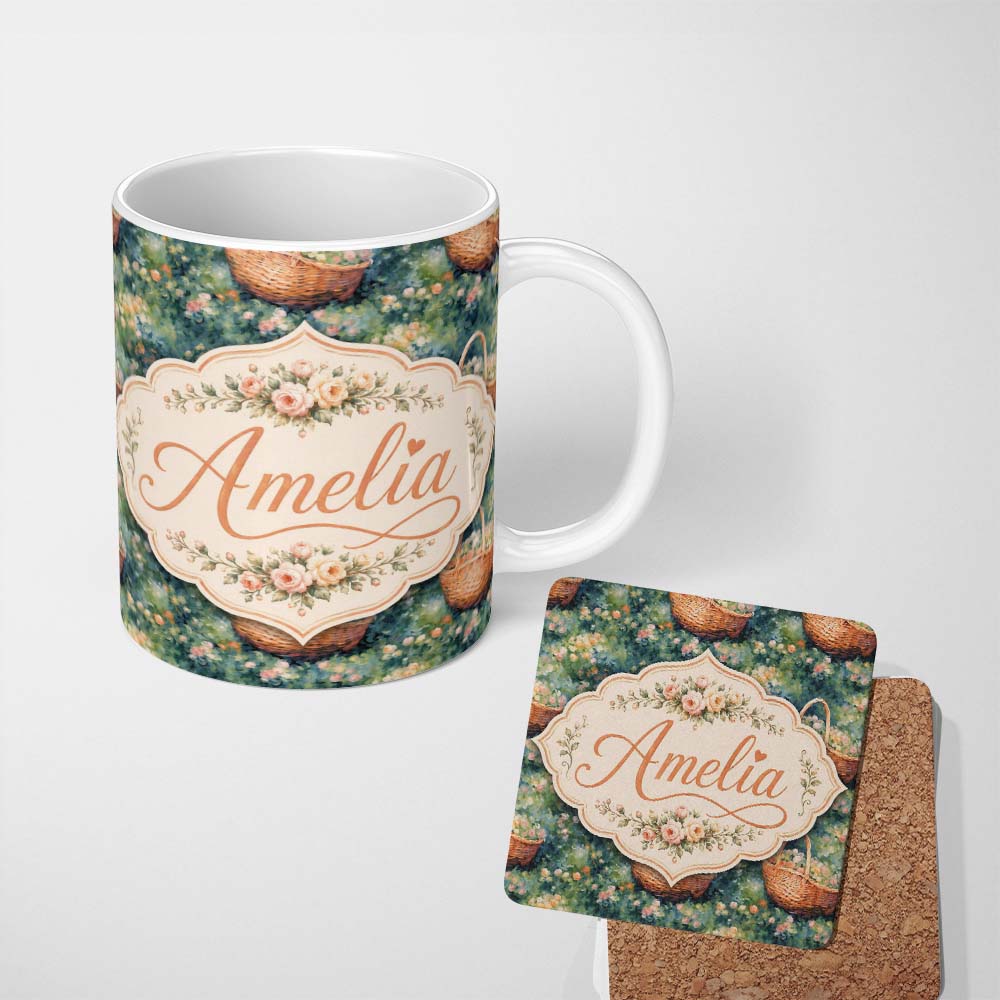 Personalized Custom Name Artistic Wicker Basket in Blooming Garden Seamless Pattern Lovely 11oz Ceramic Coffee Tea Mug White Large Handle