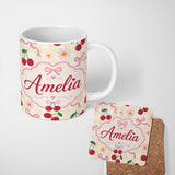 Personalized Custom Name Cute Cherry and Daisy Flowers with Pink Ribbon Bows Yellow Gingham 11oz Ceramic Coffee Tea Mug White Large Handle