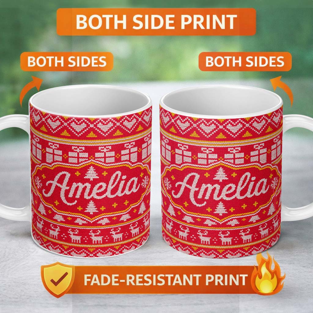 Personalized Custom Name Cute Red Christmas Gift Box Heart Tree Festive Knitted Seamless 11oz Ceramic Coffee Tea Mug White Large Handle