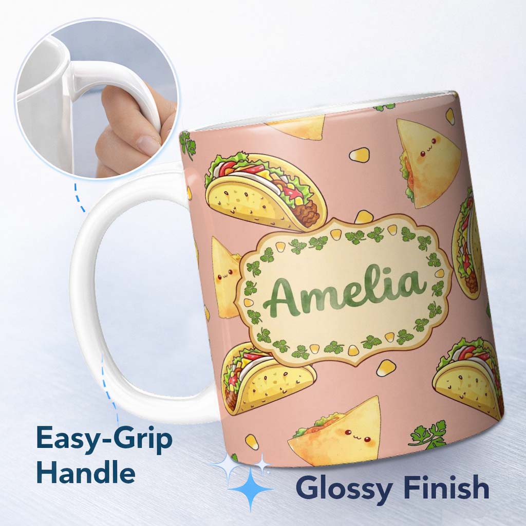 Personalized Custom Name Cute Kawaii Tacos and Wraps Peach Background Seamless Pattern Name 11oz Ceramic Coffee Tea Mug White Large Handle