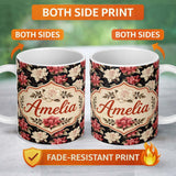 Personalized Custom Name Cream and Coral Floral Blooms on Dark Background Seamless Pattern 11oz Ceramic Coffee Tea Mug White Large Handle