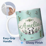 Personalized Custom Name Cute Panda Bamboo and Floral Minimal Seamless Pattern on Mint Green 11oz Ceramic Coffee Tea Mug White Large Handle