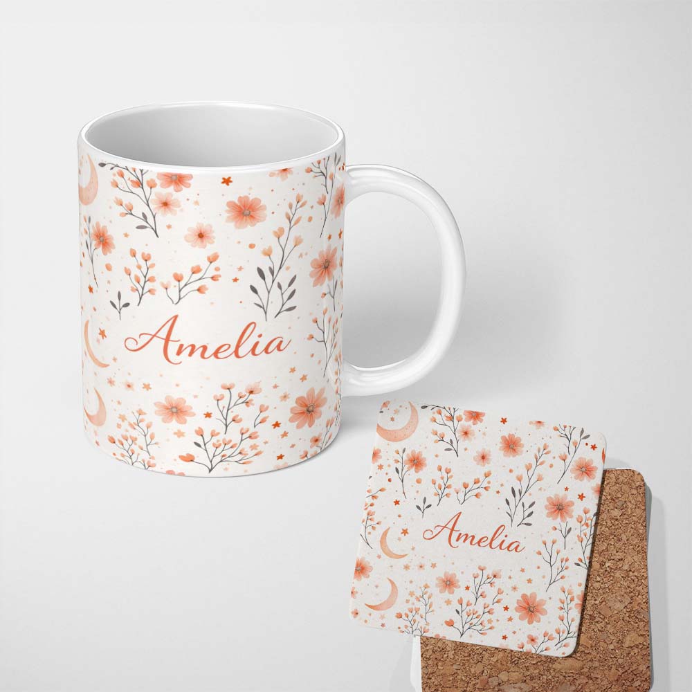 Personalized Custom Name Blush Floral Botanical Moon Pattern Seamless Elegant Watercolour 11oz Ceramic Coffee Tea Mug White Large Handle