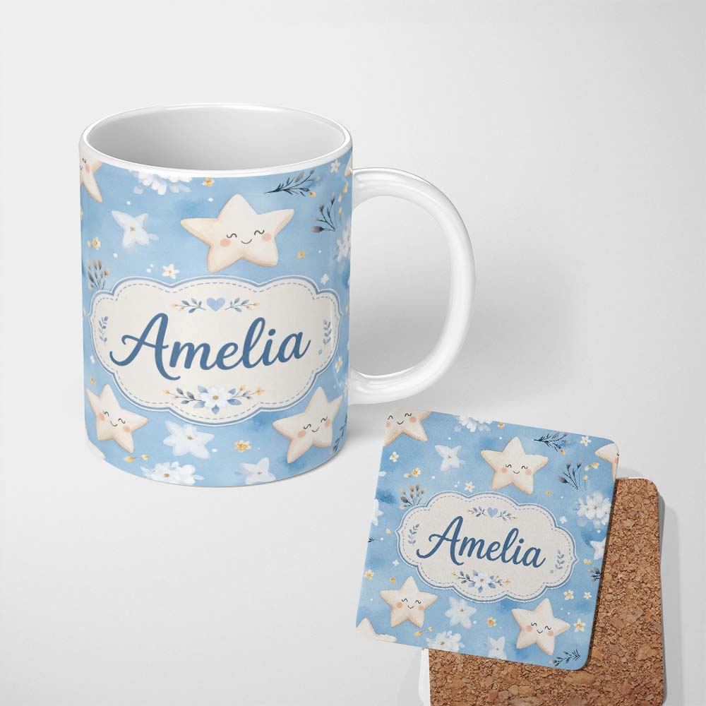 Personalized Custom Name Cute Smiling Starfish with Soft Blue Floral Background Seamless 11oz Ceramic Coffee Tea Mug White Large Handle