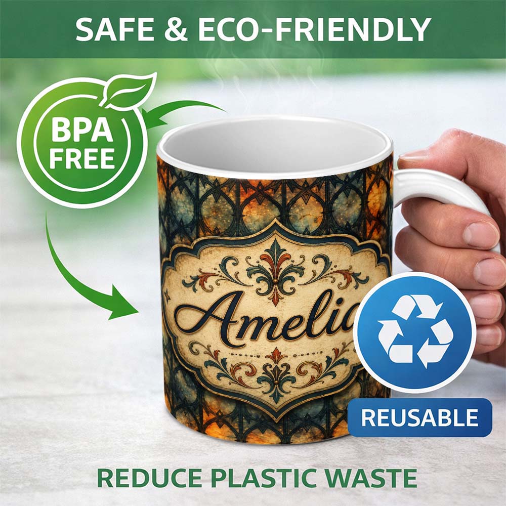 Personalized Custom Name Gothic Stained Glass Arch Warm Orange and Teal Seamless Pattern 11oz Ceramic Coffee Tea Mug White Large Handle