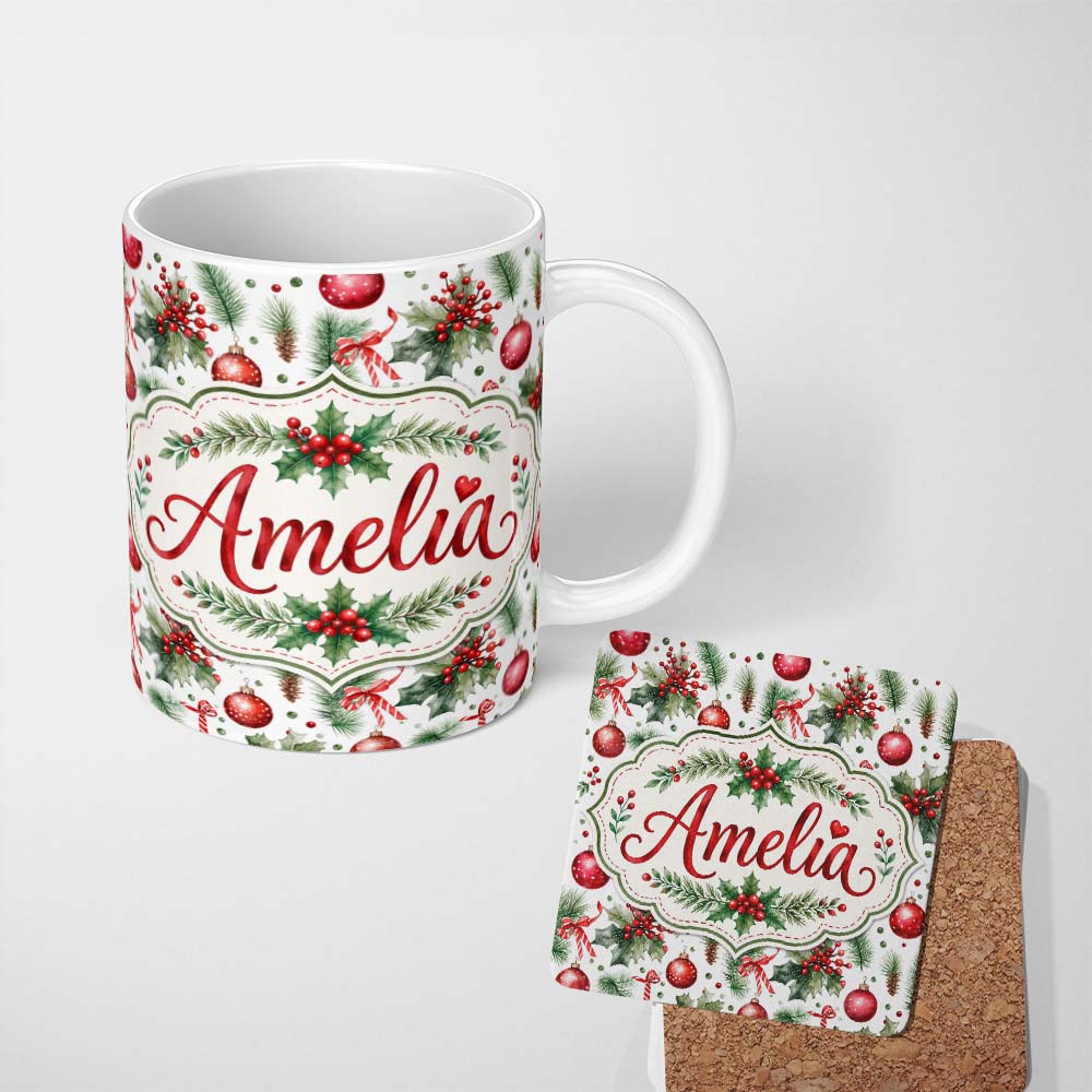 Personalized Custom Name Watercolor Holly Leaves Red Berries Baubles Festive Seamless Pattern 11oz Ceramic Coffee Tea Mug White Large Handle