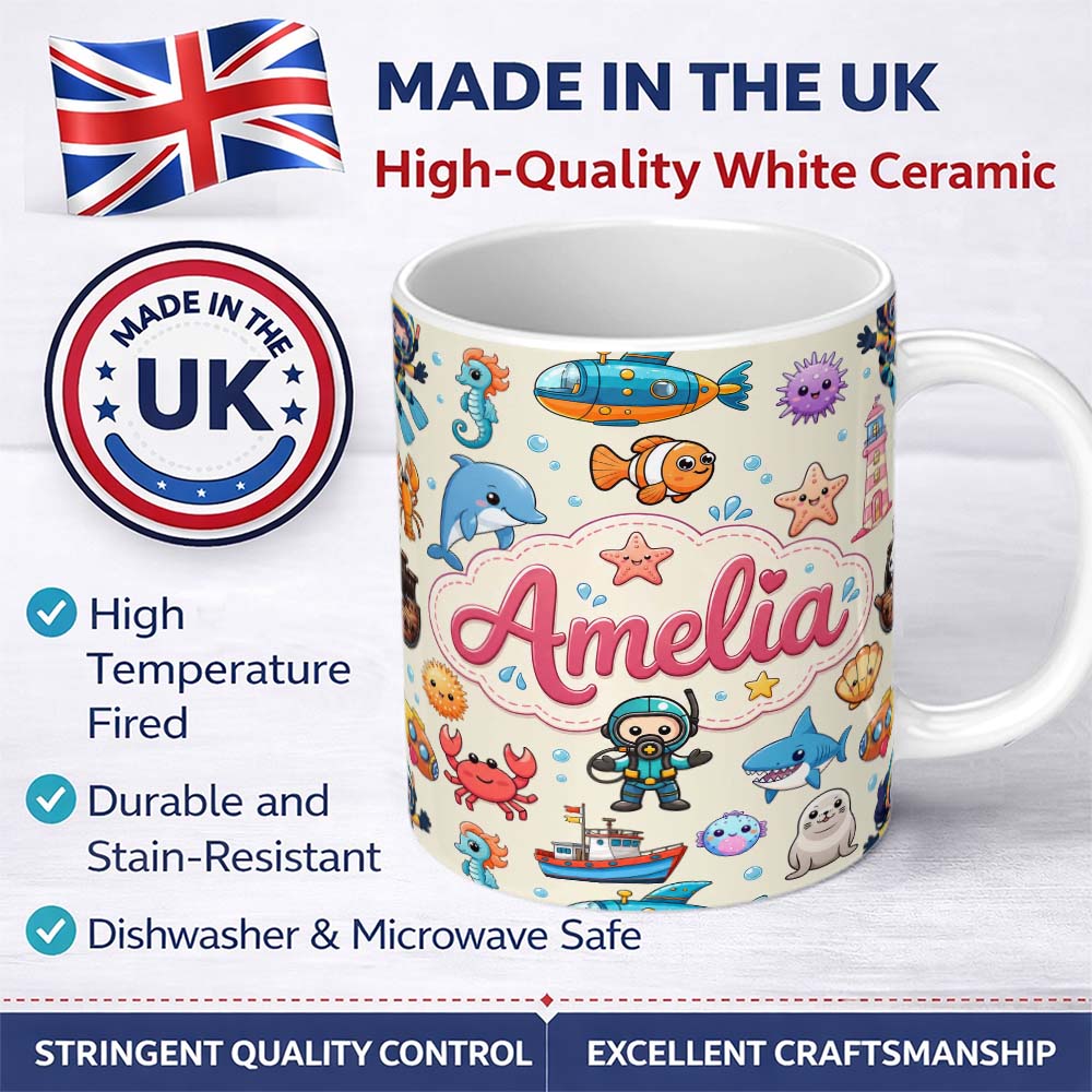 Personalized Custom Name Cartoon Ocean with various sea Creatures on Soft Beige Background 11oz Ceramic Coffee Tea Mug White Large Handle