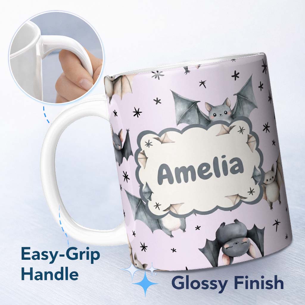 Personalized Custom Name Cute Baby Bats Flying with Stars Soft Lavender Background Seamless 11oz Ceramic Coffee Tea Mug White Large Handle