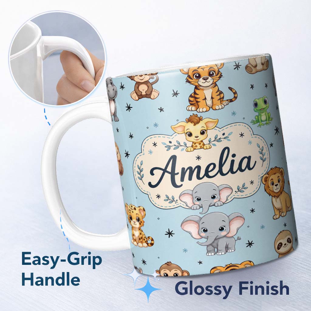 Personalized Custom Name Cute Cartoon Safari Animals with Stars on Soft Blue Background 11oz Ceramic Coffee Tea Mug White Large Handle