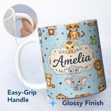 Personalized Custom Name Cute Cartoon Safari Animals with Stars on Soft Blue Background 11oz Ceramic Coffee Tea Mug White Large Handle