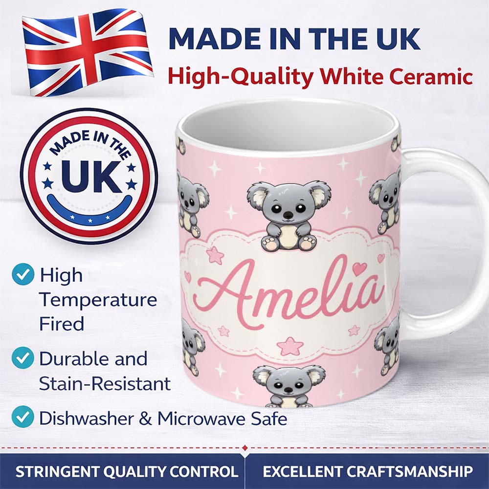 Personalized Custom Name Cute Koala Bears with Stars Soft Pink Background Seamless Pattern 11oz Ceramic Coffee Tea Mug White Large Handle