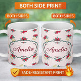 Personalized Custom Name Poinsettia Flower Christmas Bell Holly Seamless Pattern Lovely 11oz Ceramic Coffee Tea Mug White Large Handle