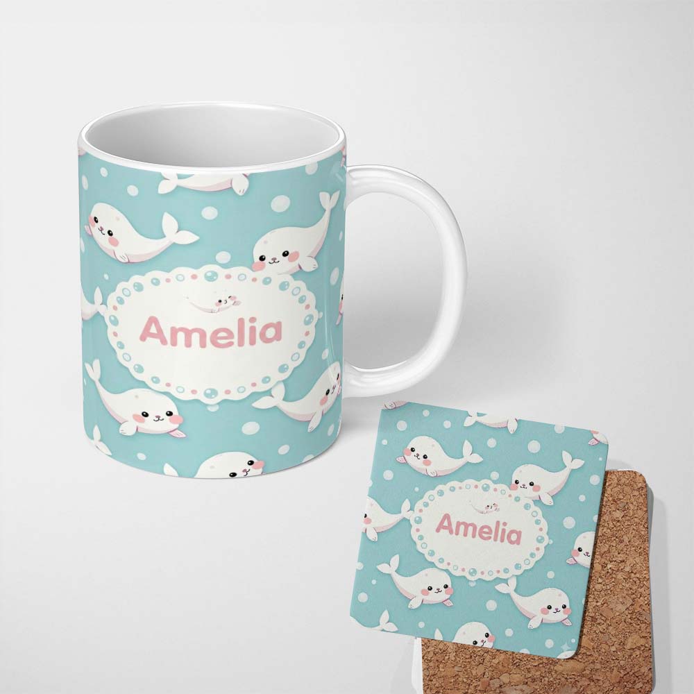 Personalized Custom Name Cute Baby Seals Ocean Bubbles Marine Seamless Pattern Lovely 11oz Ceramic Coffee Tea Mug White Large Handle