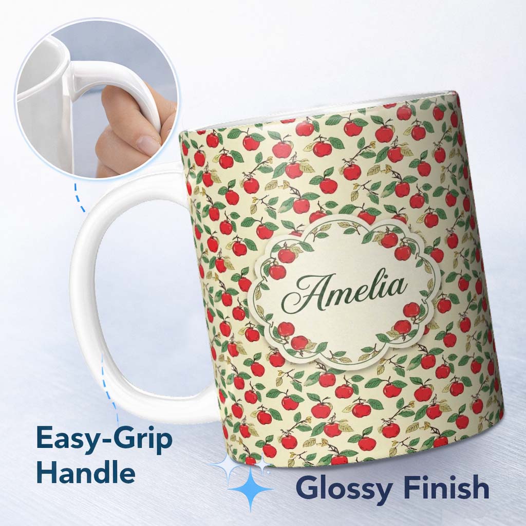 Personalized Custom Name Vintage Red Apples on Branches with Leaves Seamless Pattern Lovely 11oz Ceramic Coffee Tea Mug White Large Handle
