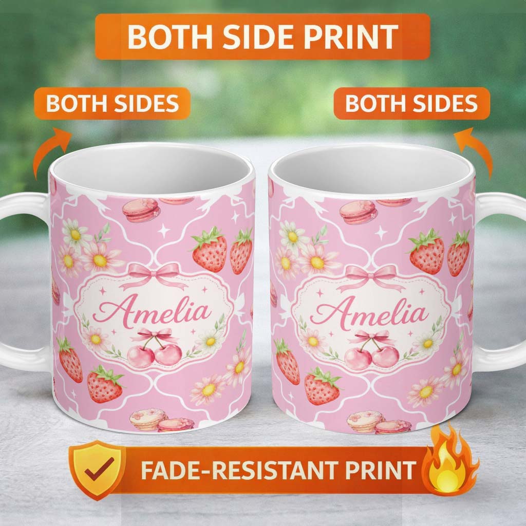Personalized Custom Name Cute Strawberry Cherry Daisy Floral Bow Sweet Dessert Soft Pink 11oz Ceramic Coffee Tea Mug White Large Handle