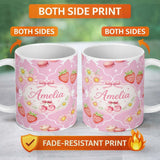 Personalized Custom Name Cute Strawberry Cherry Daisy Floral Bow Sweet Dessert Soft Pink 11oz Ceramic Coffee Tea Mug White Large Handle
