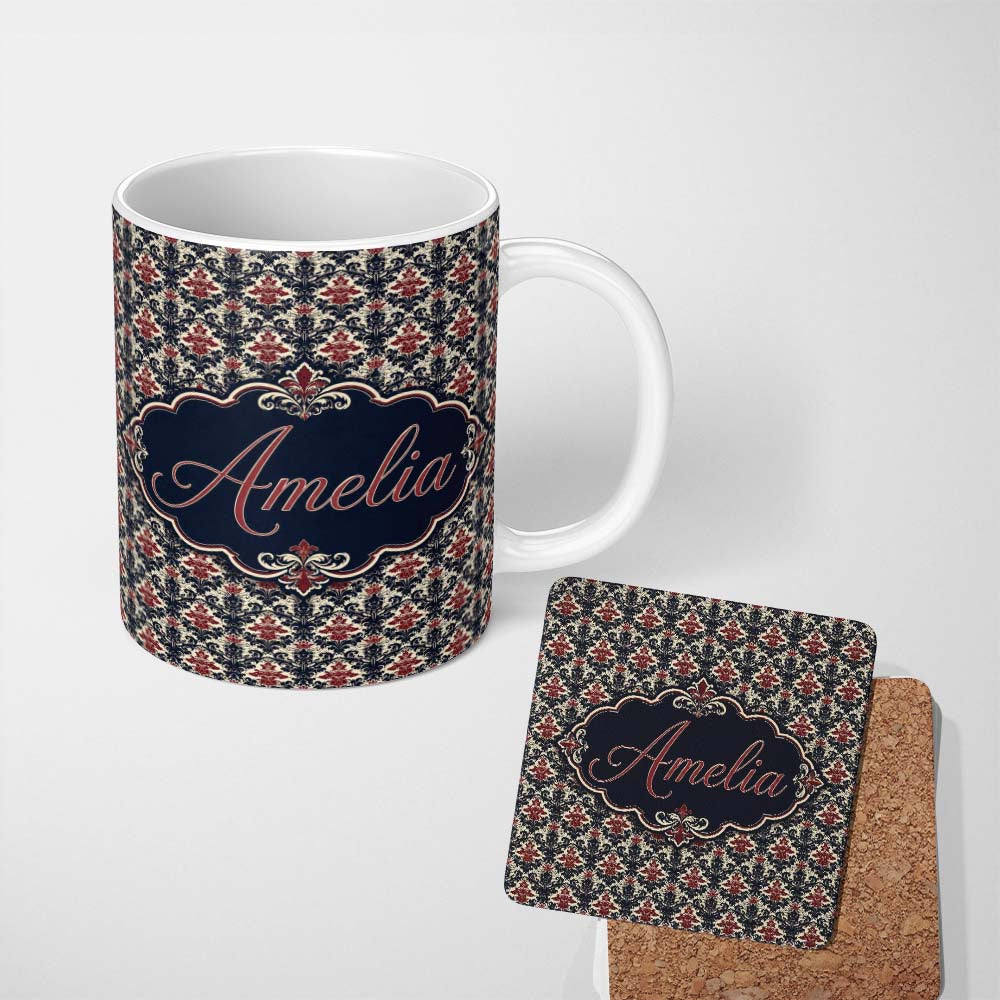 Personalized Custom Name Classic Vintage Red and Navy Damask Ornamental Seamless Pattern 11oz Ceramic Coffee Tea Mug White Large Handle