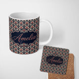 Personalized Custom Name Classic Vintage Red and Navy Damask Ornamental Seamless Pattern 11oz Ceramic Coffee Tea Mug White Large Handle