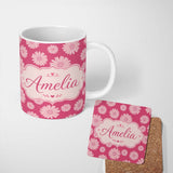 Personalized Custom Name White Daisy Floral Pattern on Bright Pink Background Seamless Lovely 11oz Ceramic Coffee Tea Mug White Large Handle