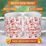 Personalized Custom Name Cute Santa Claus Gift Stars Snowflakes Seamless Pattern Lovely 11oz Ceramic Coffee Tea Mug White Large Handle