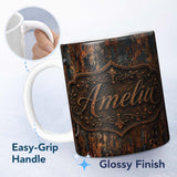 Personalized Custom Name Rust and Gold Splatter Texture Dark Metallic Grunge Seamless Pattern 11oz Ceramic Coffee Tea Mug White Large Handle